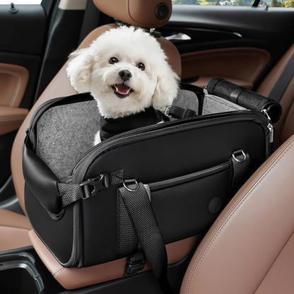 YUDODO Center Console Dog Car Seat, Anti-Slip Pet Cat Booster Seat for Small Dogs, Portable Puppy Bed Carseat Carrier PU Leather Black