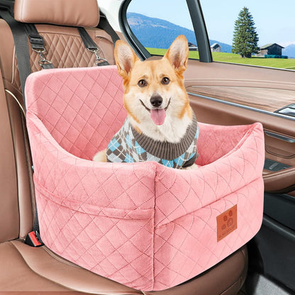 Dog Car Seat for Small/Medium Dogs, Dog Booster Car Seats with Thick Cushion for Dogs Under 35lbs, Detachable Washable Pet Bed with Storage Pockets, 2 Safety Belts (Pink)