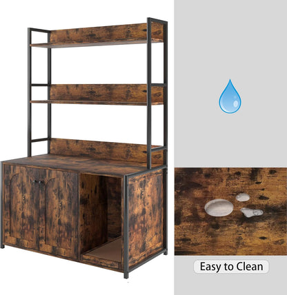 Large Cat Litter Box Enclosure with Shelf Storage, Wooden Cat House with Scratch Pad, Sturdy Indoor Design, Brown