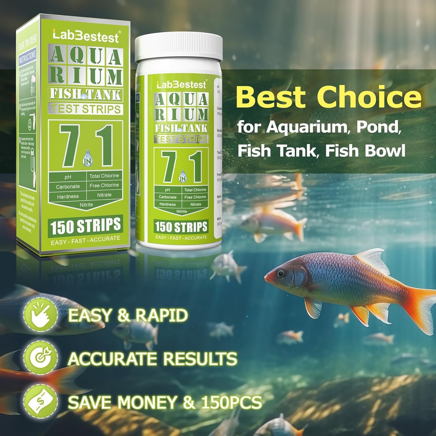 Aquarium Test Strips - Aquarium Water Test Kit - 150 Fish Tank Testing Strips for Freshwater - Pond Water Tester Kits - Rapid Accurate Easy to Test pH, Carbonate, Hardness, and More (7-Way)