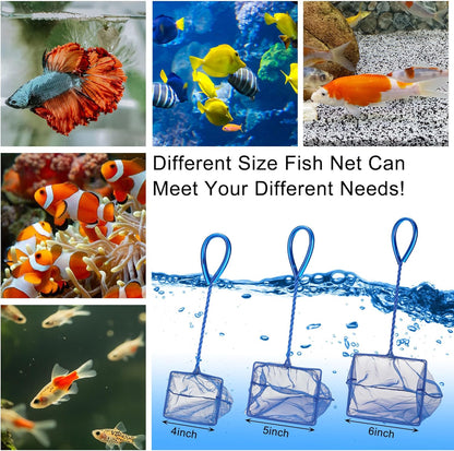 3 Pack Aquarium Net, Multi-Size Fine Quick Fish Catch Nets Extra Soft Nylon Fishing Nets with Plastic Handle for Aquarium Fish Tank Supplies- Blue (4in,5in, 6in)