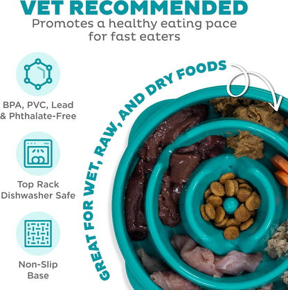 Outward Hound Medium Slow Feeder Bowl, Puzzle Maze for Fast Eaters, Small to Medium Dogs, Helps Prevent Bloat & Aid Digestion, Holds 2 Cups Wet or Dry Food, Non-Slip, Made Without BPA, Turquoise