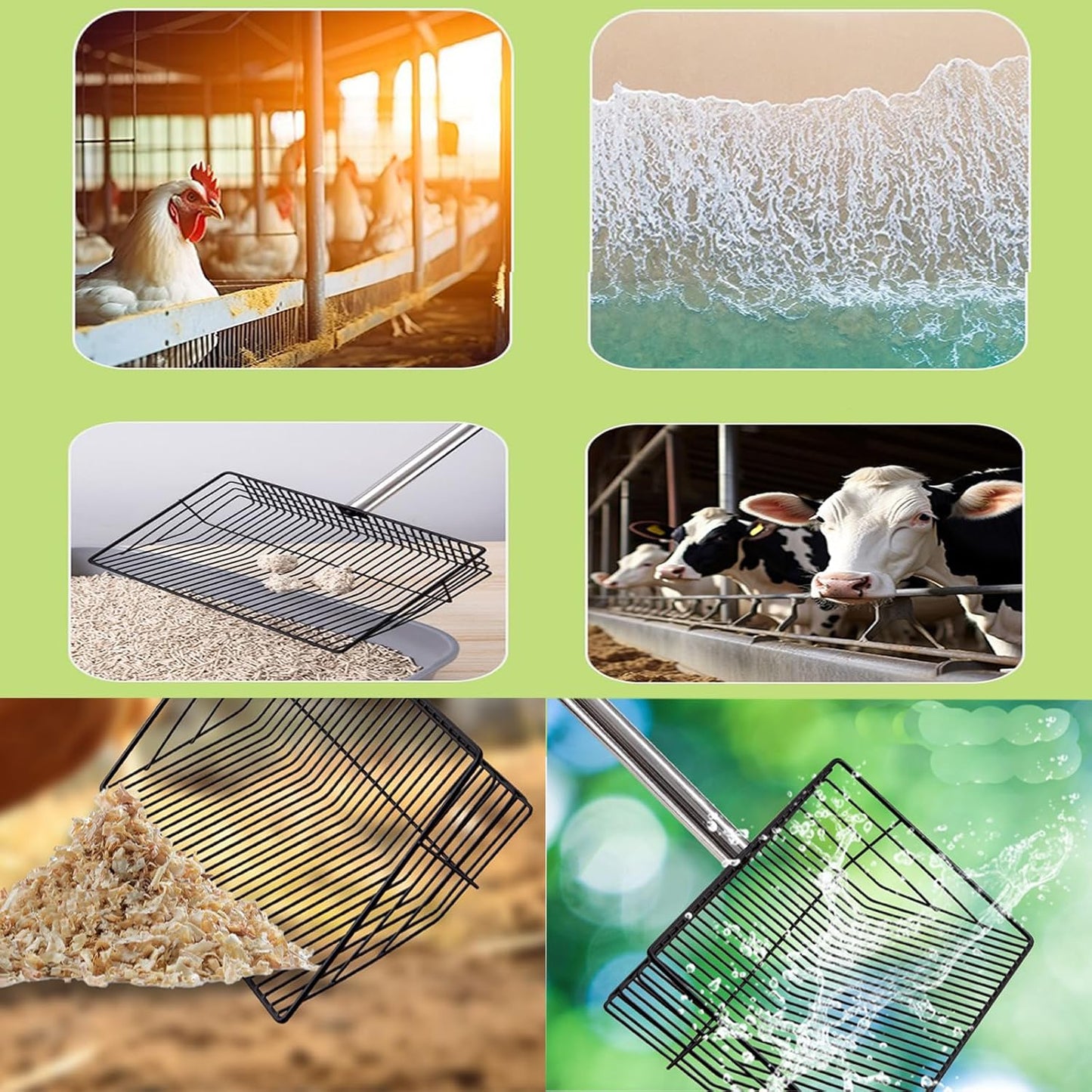 9.9 inch Sturdy Chicken Poop Scooper & Rake, 5 in 1 Adjustable Chicken Coop Pooper Shovel (36.2"-70" Long), Sifting Litter Shovel Scoop for Goat Stall/Stable Cleaning (Chicken Poop Scooper)