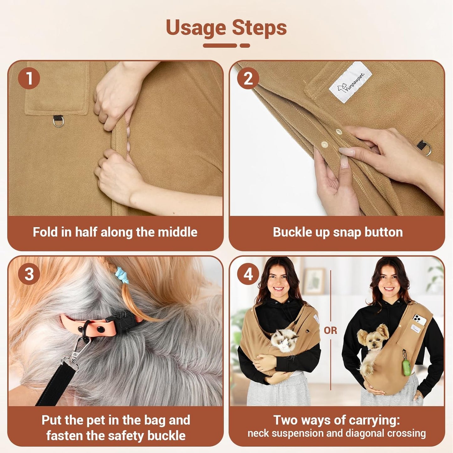 Dog Carrier Sling,Indoor Comfort Adjustable Cat Sling Carrier,with Front Pocket and Seat Belt Dog Carriers for Small Dogs Machine Washable,Suitable for Family Outdoor Use (Medium, Khaki)