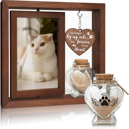 Dog Memorial Gifts for Loss of Pet - Rotating Wooden Frame for 4x6 Photo & Fur Hair Jar - Sympathy Gift for Pet Bereavement, Remembrance Keepsake - Rainbow Bridge Gift for Cat Lovers
