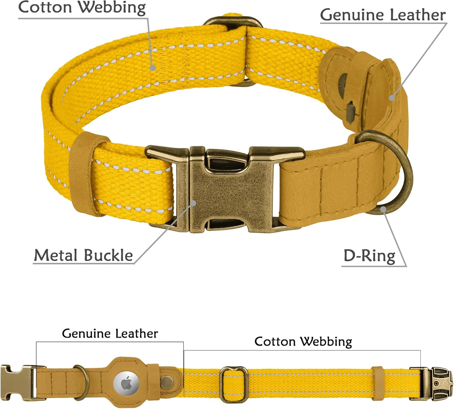 Reflective Leather Dog Collar with AirTag Holder - Soft Apple Airtag Dog Collar with Metal Buckle - Safety Cotton Pet Collars for Dogs Small Large Dogs Puppy (Yellow, XS, 9"-12")