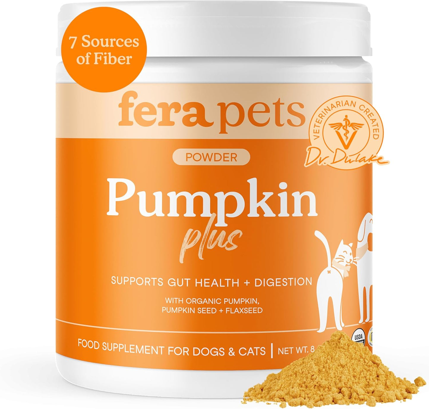 Fera Pets Cat & Dog Pumpkin Plus - Fiber Supplement - USDA Organic - Supports Gut & Digestive Health - Promotes Regularity - 7 Sources of Fiber - 90 Scoops