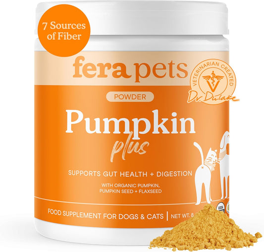 Fera Pets Cat & Dog Pumpkin Plus - Fiber Supplement - USDA Organic - Supports Gut & Digestive Health - Promotes Regularity - 7 Sources of Fiber - 90 Scoops