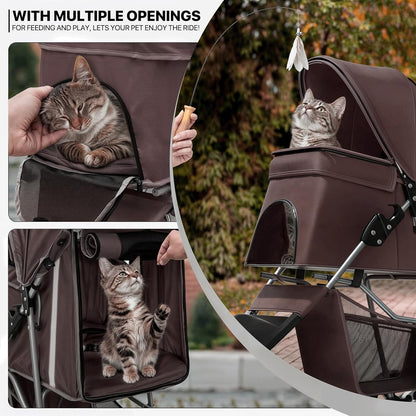 MoNiBloom Foldable Dog Strollers for Small Dogs with Weather Cover, 3 Wheels Pet Strolling Cart for Dogs and Cats with Storage Basket and Cup Holder, Breathable and Visible Mesh for All-Season, Coffee