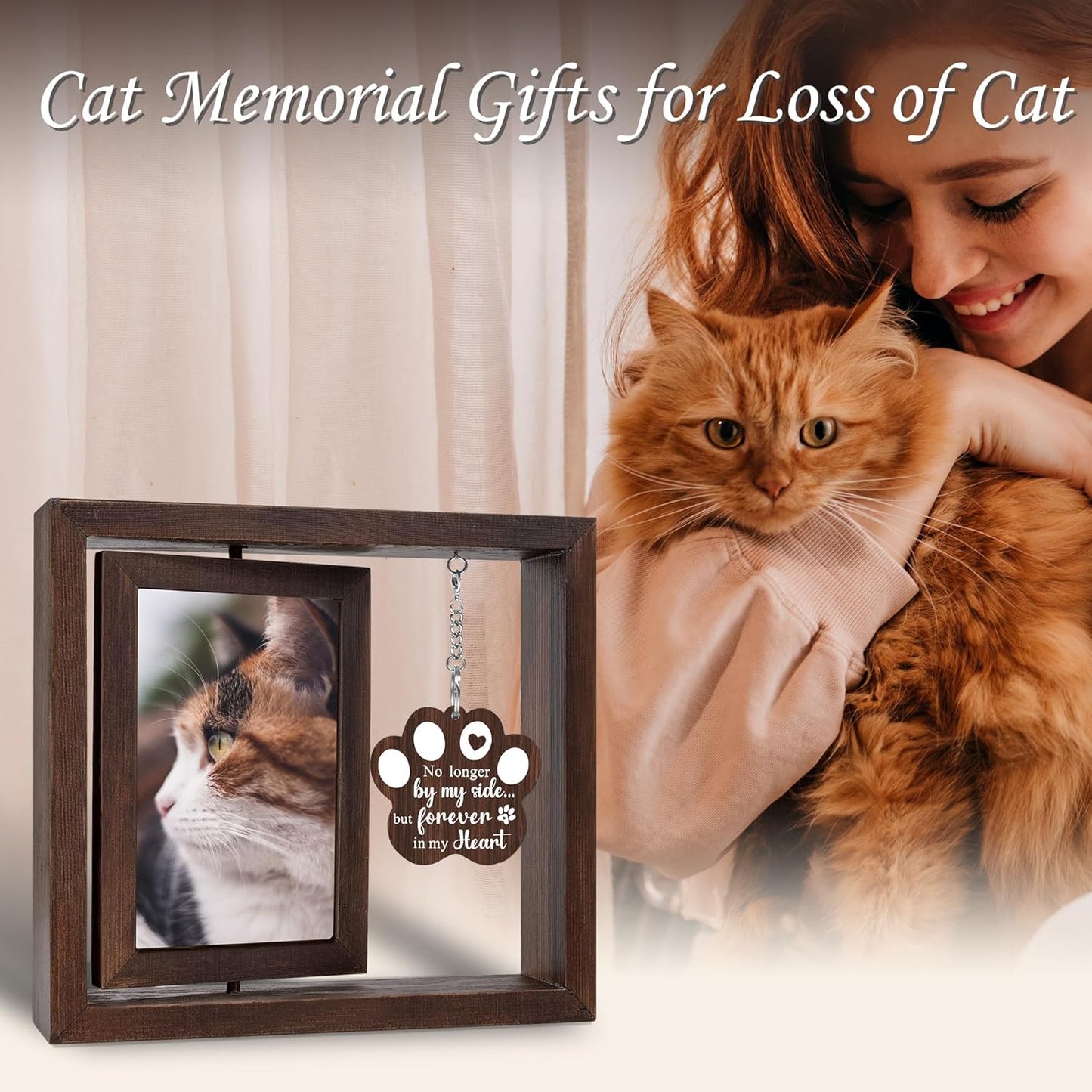 SHOW-YA Cat Memorial Gifts for Loss of Cat - Pet Memorial Gifts Cat,Loss of Cat Sympathy Gift, Cat Passing Away, Pet Remembrance Gift Cat,Rotating Wooden Cat Picture Frame 4x6 Photo