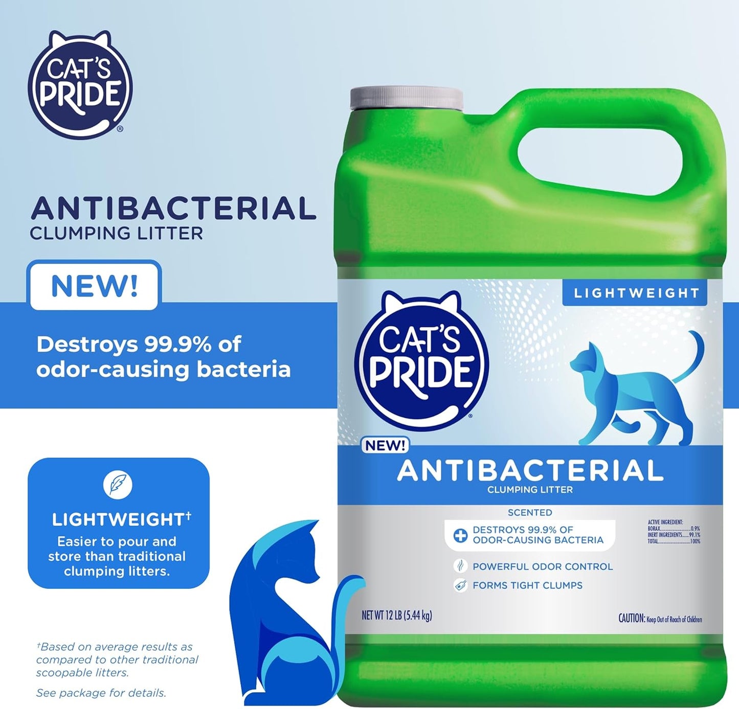 Cat's Pride New Antibacterial Cat Litter: Destroys 99.9% of Odor-Causing Bacteria - Powerful Odor Control - Premium Lightweight Clumping Litter - Scented, 12 Pounds