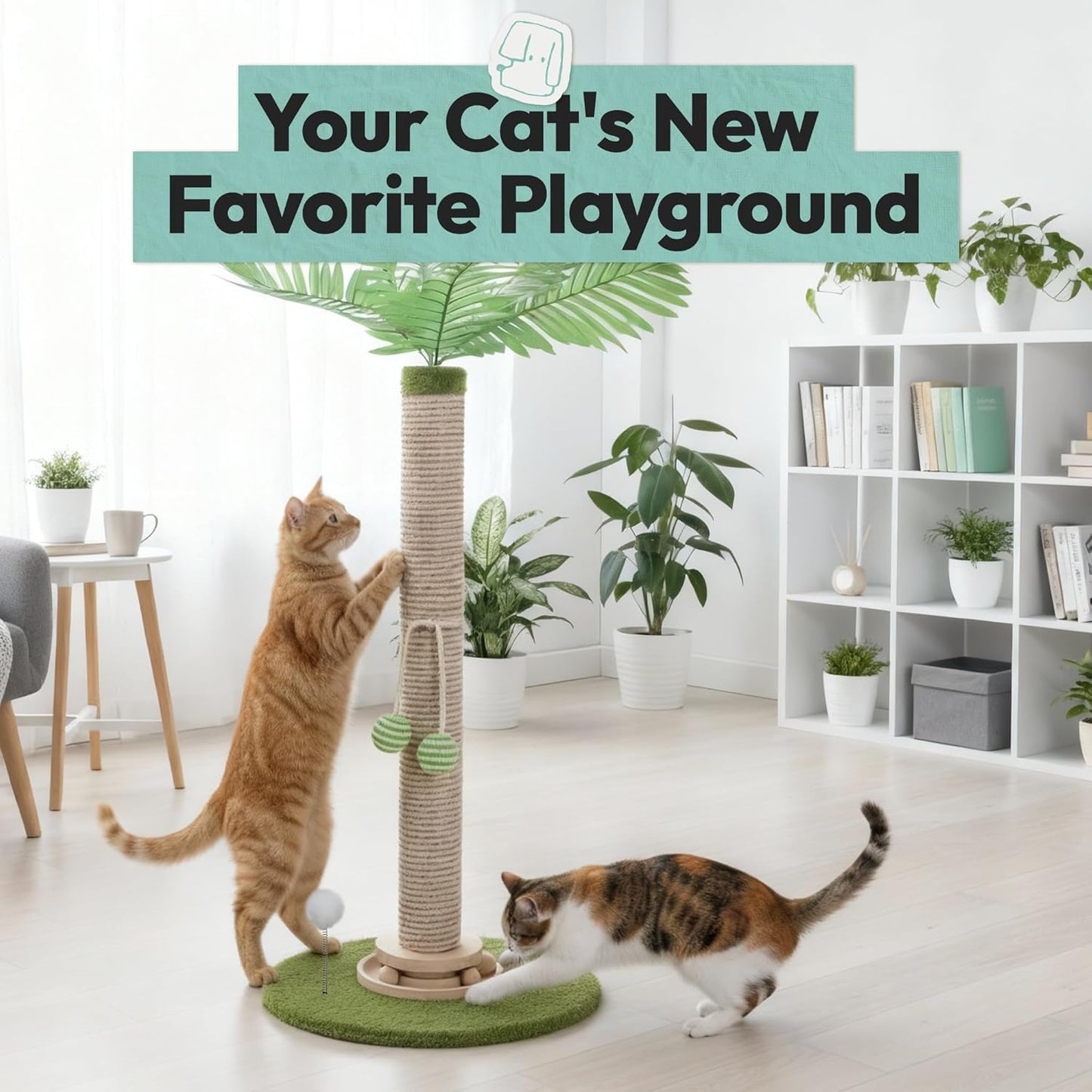 Coconut Tree Cat Scratching Post with Rotating Base, Green, 16 * 13 * 32 in