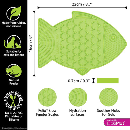 LickiMat Felix, Fish-Shaped Cat Slow Feeders Lick Mat, Boredom Anxiety Reducer; Perfect for Food, Treats, Yogurt, or Peanut Butter. Fun Alternative to a Slow Feed Cat Bowl or Dish, Green