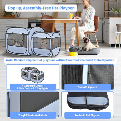 EighteenTek 2-in-1 Portable Cat Playpen, Pop up Large Kitten Playpen, No Assembly Need, Pet Cat Dog Tent Crates Kennel Cage, Cats Enclosure for Dog and Puppy Indoor Outdoor(No Divider, Unified Space)
