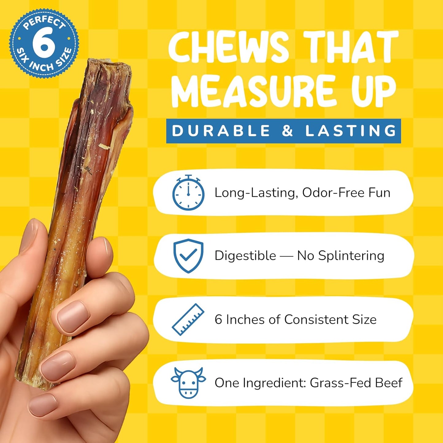 CHARLEY & ME All-Natural Bully Sticks for Dogs Made in The USA - Low-Odor, Rawhide-Free 6” Beef Chews for Aggressive Chewers & Dental Health (Pack of 12)