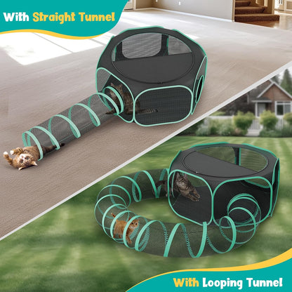 Outdoor Cat Enclosure with Tunnel - Portable Catio Outdoor Cat Tent for Camping Travel Trip - Outside Cat Playpen for Small Animals and Kittens