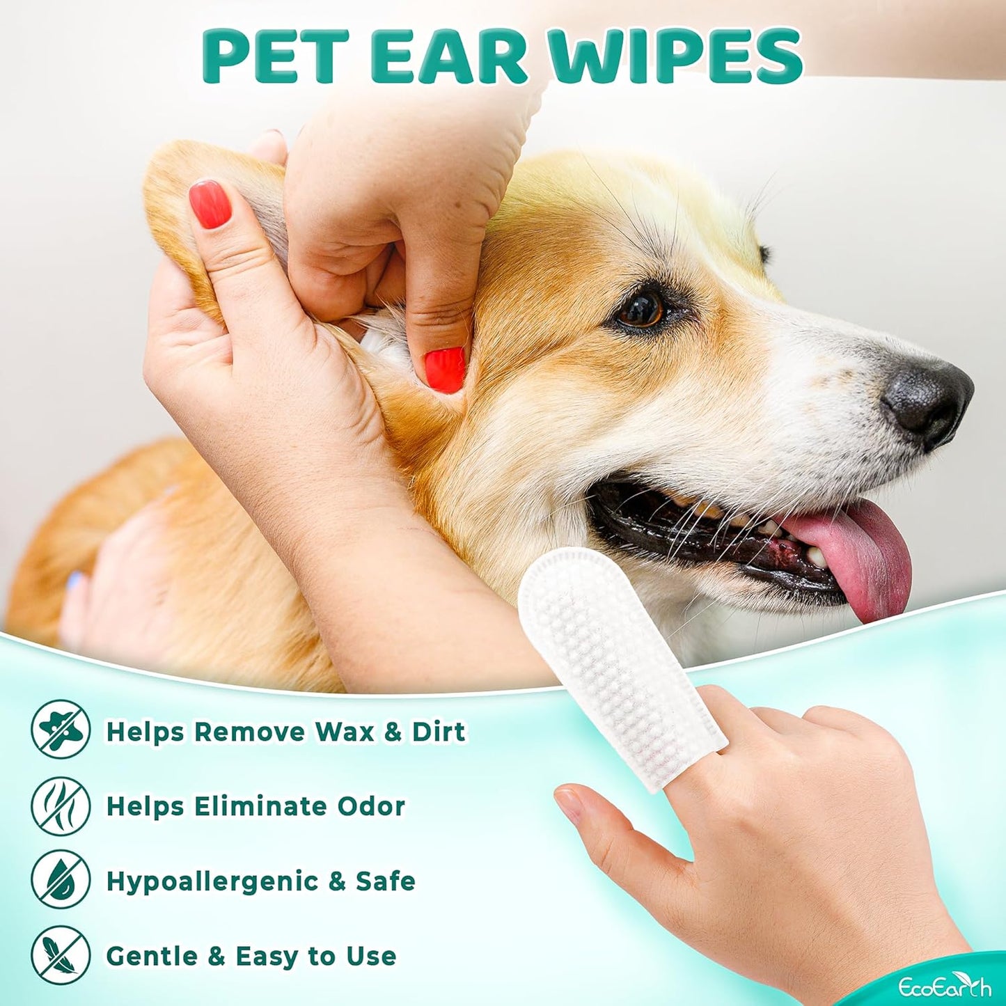 EcoEarth Premium Dog Ear Cleaner Wipes - 50 Pcs - Pet Ear Cleaning Finger Wipes - Pearl-Embossed Texture for Itchy Ear Relief & Infection Protection - Disposable Wipes for Wax & Dirt Removal