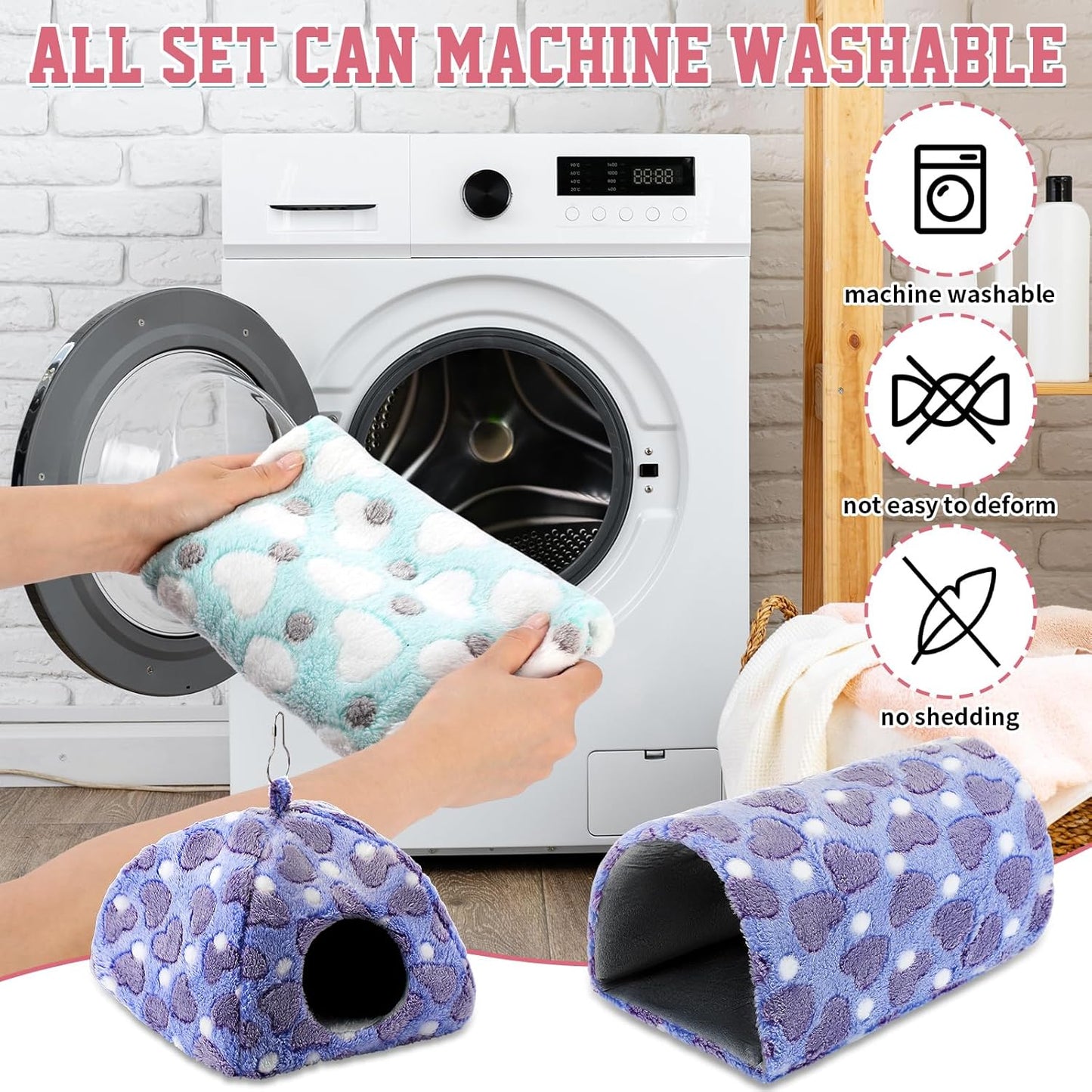 8 in 1 Winter Rat Cage Accessories Guinea Pig Hammock Ferret Cave Beds Guinea Pig Hideout Washable Soft Hamster Toys Hanging Tunnels Mats Curtains for Christmas Small Animals Pet Bunny Gifts