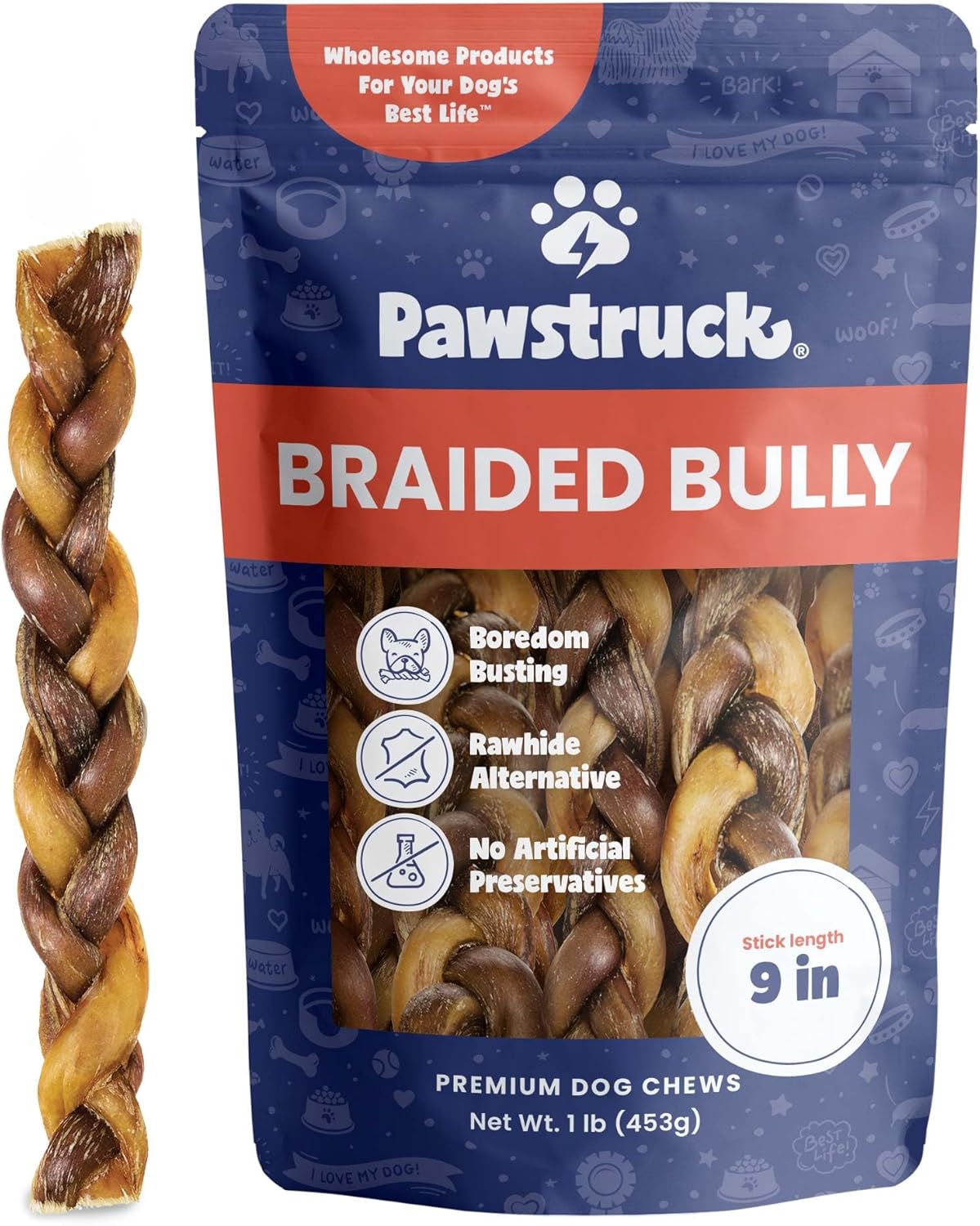 Pawstruck Natural 9" Braided Bully Sticks for Dogs - Long Lasting Rawhide Free Low Odor Single Ingredient Chew Treat for Aggressive Chewers - 1lb Bag