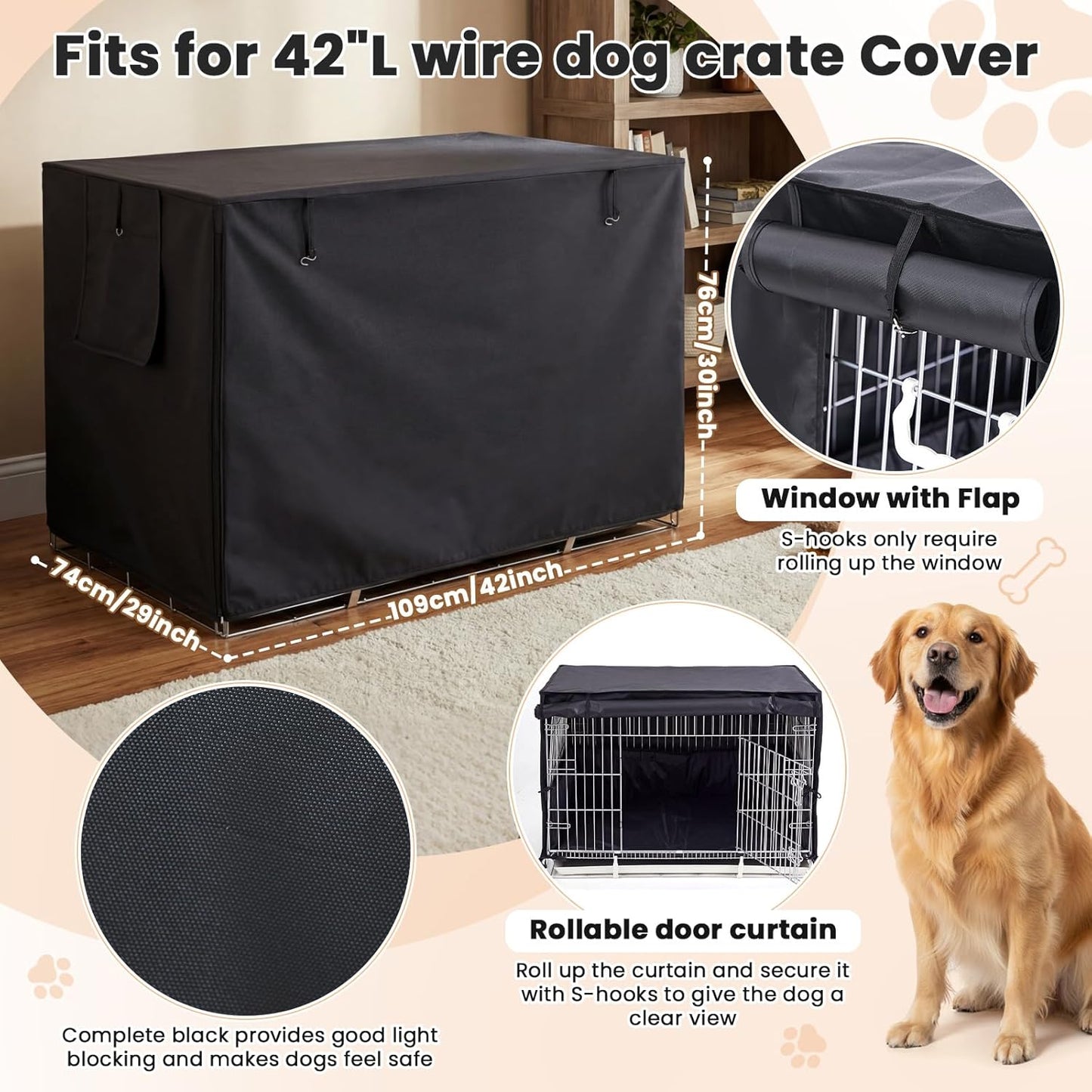 Lounsweer 3 Pcs Dog Crate Cover Set with Kennel Cover, Bed Mat & Bumper Pad, All-Black Pet Kennel Sunshade Accessories Fit for 42 Inch Wire Crates, Light Reducing Puppy Training Crate Privacy