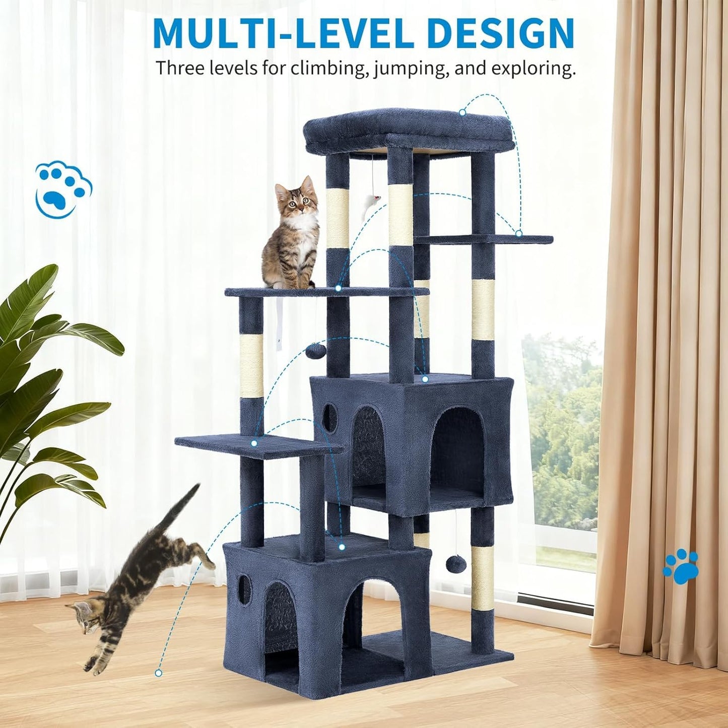 GarveeLife 61" Multi-Level Cat Tree for Indoor Cats, Heavy-Duty Tower for Large Adult & Maine Coon Cats with Oversized Perch, Dual Condos, Natural Sisal Scratching Posts & Play Toys – Blue