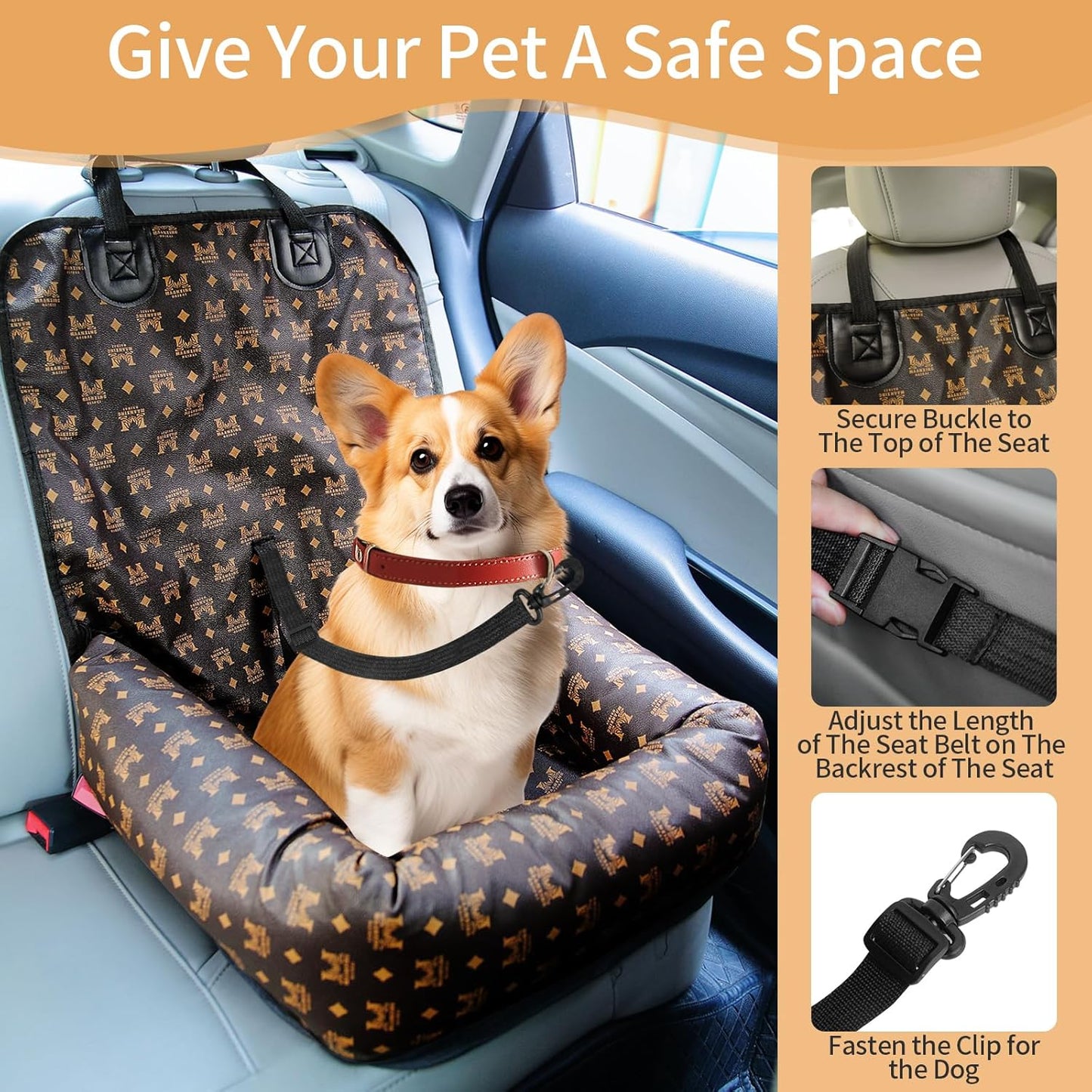 Car Seats for Small/Medium Dogs, Memory Foam Dog Booster up to 35 lbs, Travel Pet Car Seat Washable Dog Bed.