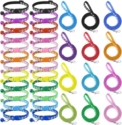 48 Pcs Dog Collar and Leash Set, Nylon Puppy Collars Bulk, Polypropylene Adjustable Paw Print Puppy Col with Quick Release Buckle, for Puppies and Kittens, Multicolor