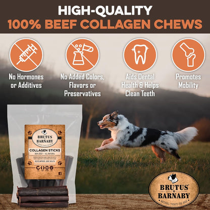 BRUTUS & BARNABY Beef Collagen Sticks for Dogs-Great Long Lasting Chew for All Dog Breeds-Odor Free, With Naturally Occurring Glucosamine &Chondroitin for Joint Health-Great for Any Dog Size(10 Count)