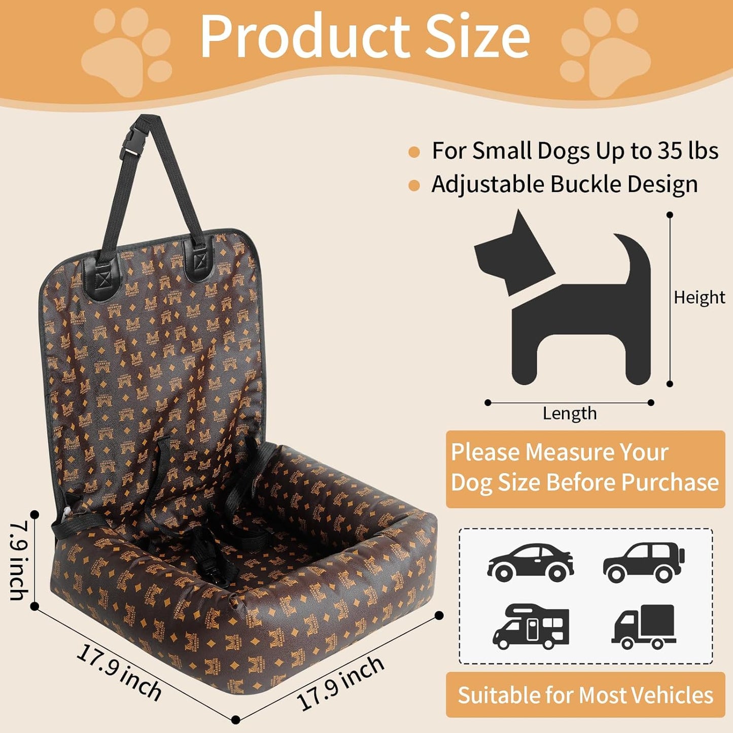 Car Seats for Small/Medium Dogs, Memory Foam Dog Booster up to 35 lbs, Travel Pet Car Seat Washable Dog Bed.