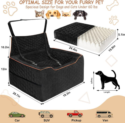 Dog Booster Seat for Larger & Medium Dogs – Comfortable Dog Car Bed with Washable Cover and Storage Pockets for Pets Up to 60lbs (Black)