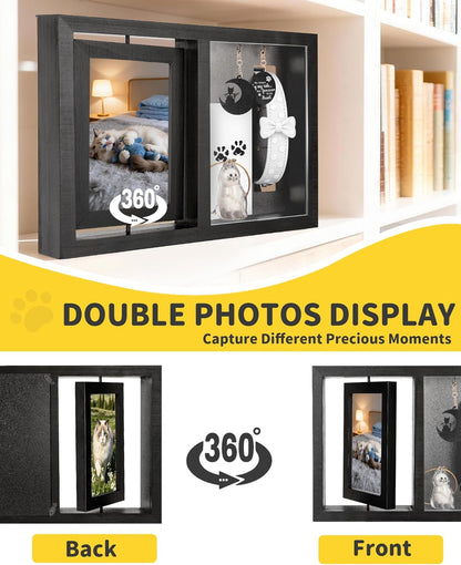 Dog & Cat 3-IN-1 Memorial Wooden Picture Frame Set, Lost Pet Sympathy Gifts with 360° Rotation Wooden Picture Frame for Two 4"x6" Photos, Pet Memory Gifts for Dog/Cat Passing