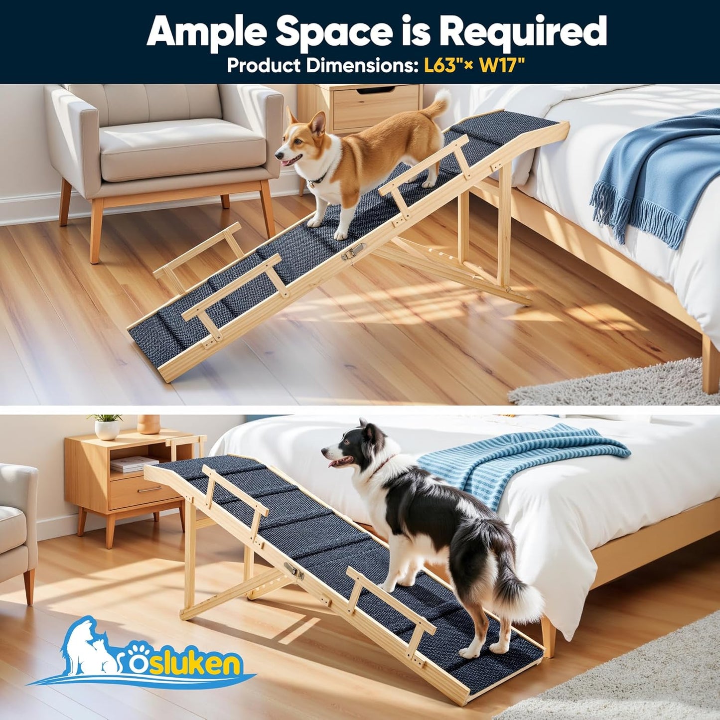 Dog Ramp for Bed with Rails, 64" Long Foldable Pet Ramp for Small Large Dogs, Dog Ramps for High Beds with Safety Side Railng, 6 Adjustable Heights 24" to 30" Up to 220LBS (Gray, 63" X 17inch)