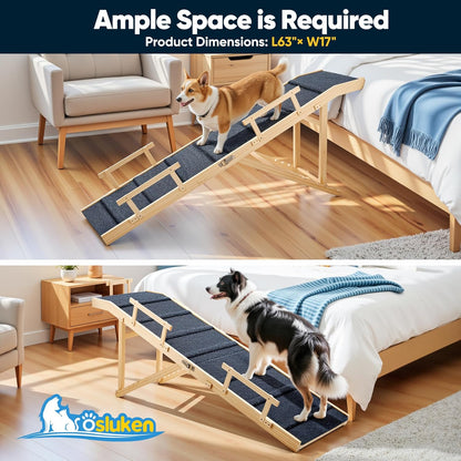 Dog Ramp for Bed with Rails, 64" Long Foldable Pet Ramp for Small Large Dogs, Dog Ramps for High Beds with Safety Side Railng, 6 Adjustable Heights 24" to 30" Up to 220LBS (Gray, 63" X 17inch)
