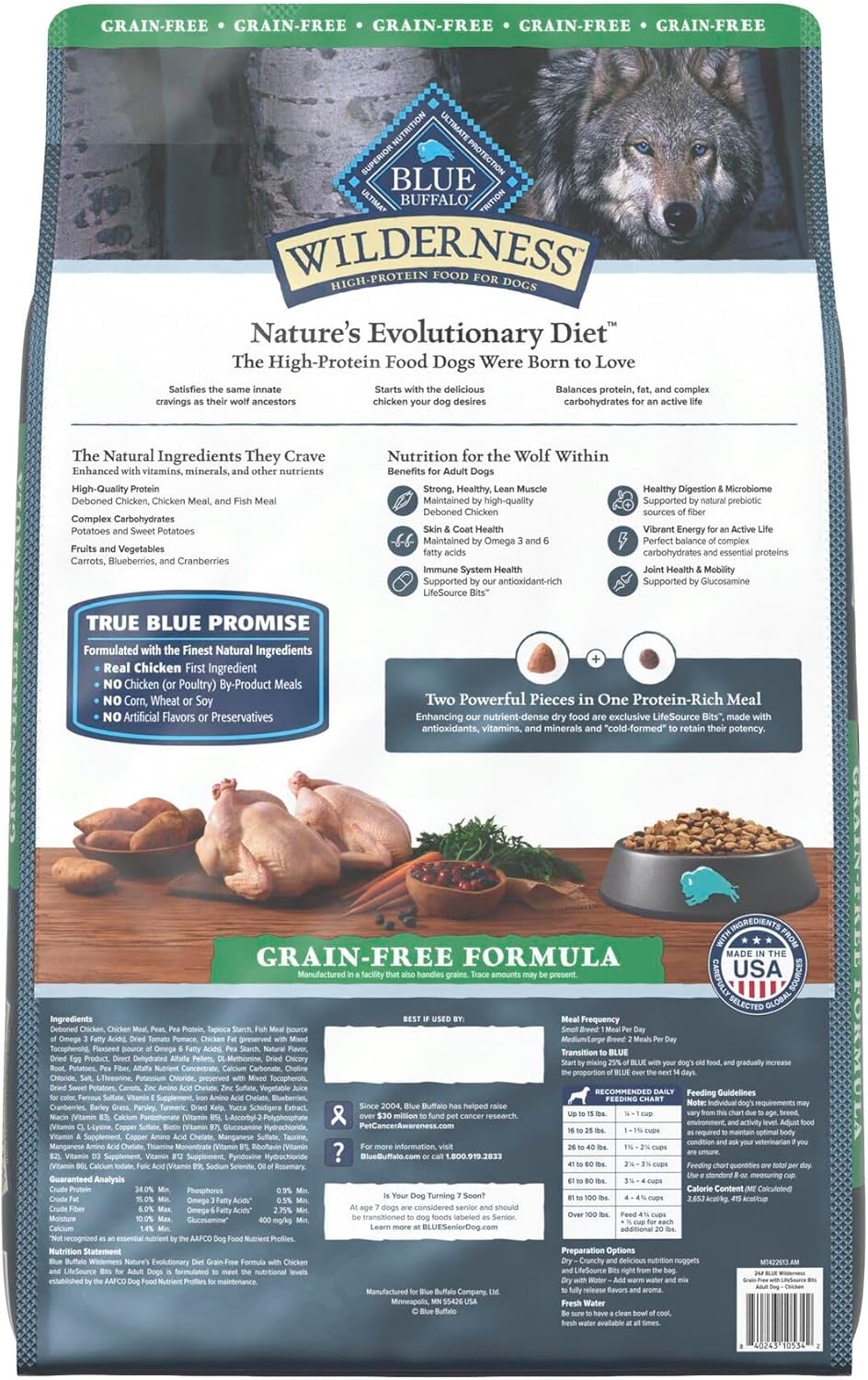 Blue Buffalo Wilderness Adult High-Protein Dry Dog Food with Real Chicken, Grain-Free, Made in the USA with Natural Ingredients, Chicken, 24-lb Bag