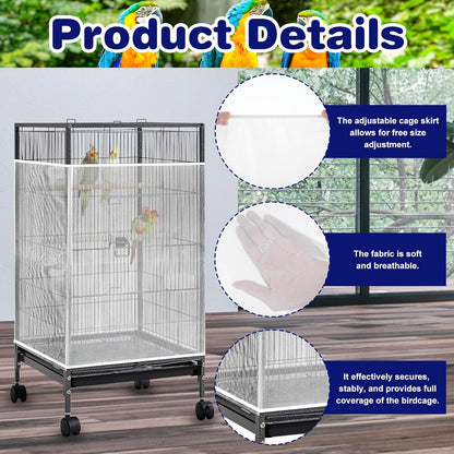 Universal Bird Cage Seed Catcher, White Adjustable Bird Cage Net Cover, Stretchy Lightweight Band Skirts Mesh Cover for Parrot Cages Stops Scatter, Breathable & Reusable