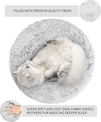 Love's cabin Calming Cat Bed for Indoor Cats, Anti-Anxiety Donut Round Dog Bed, Fluffy Faux Fur Washable Pet Bed for Small Medium Dogs and Cats,Grey,20in