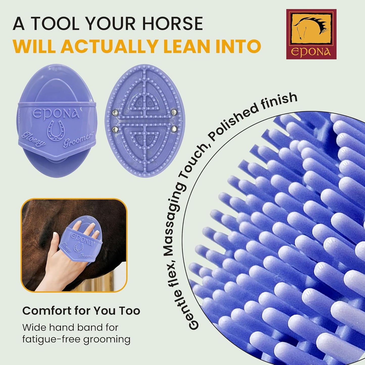 Epona Lavender Flexible Glossy Curry Comb for Horses – Soft, Ergonomic Grooming Brush with Flexible Tines for Deep Cleaning, Massage & Shedding Care