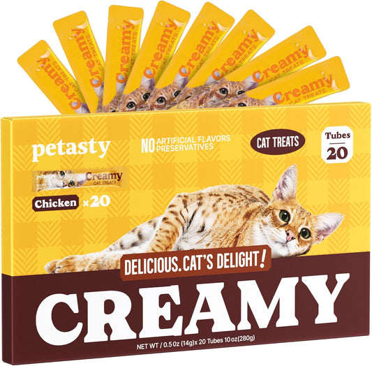 Squeezable Stick Lickable Cat Treats, Grain-Free, Chicken Soft Creamy Puree with Vitamin E, High Protein Wet Cat Treat, No Artificial Additives for Daily Interactive Training Reward, 20 Tubes