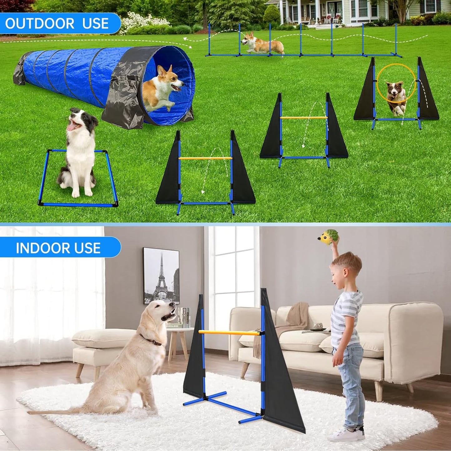 Dog Agility Course Backyard Set - Includes 2x10ft Tunnels, 2 Agility Hurdles,1 Jump Ring,1 Weave Pole, 1 Pause Box | Perfect Dog Agility Equipment for Obstacle Course | Easy Setup & Storage