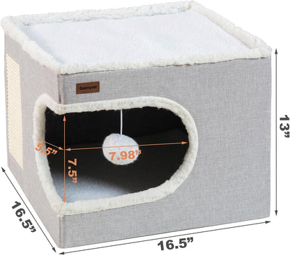 Cat Bed for Indoor Cats Cube House, Covered Cat Cave Beds & Furniture with Scratch Pad and Hideaway Tent, Cute Modern Cat Condo for Multi Small Pet Large Kitten Kitty, Grey