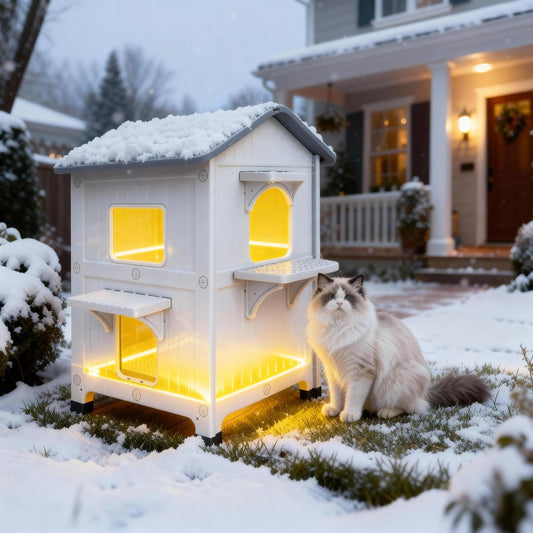 Weatherproof Heated Outdoor Cat House for Feral Cat, 2 Storey Elevated Plastic Insulated Cat Shelter with Escape Door, Expansive Interior‌ Grey 34" D x 21" W x 21.5" H