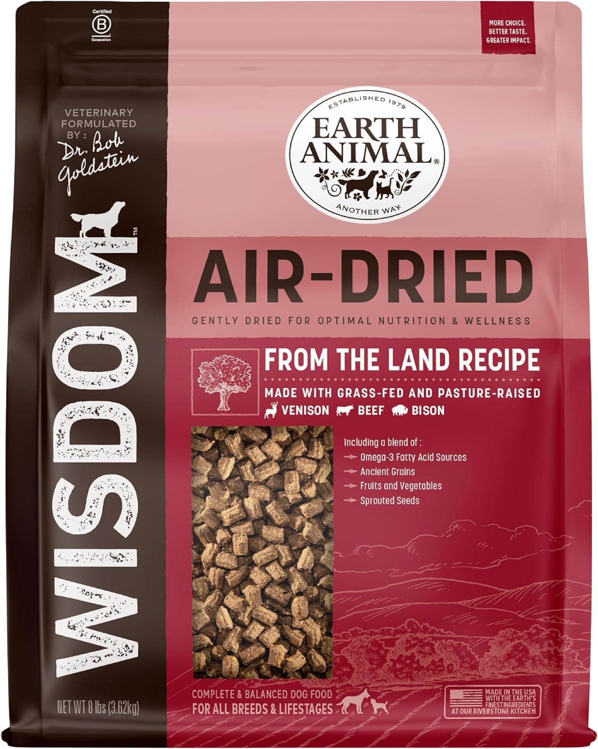 Earth Animal Wisdom Air Dried Dog Food - From the Land Recipe Premium Natural Dry Dog Food for All Breeds & Ages - 8 Lbs Bag