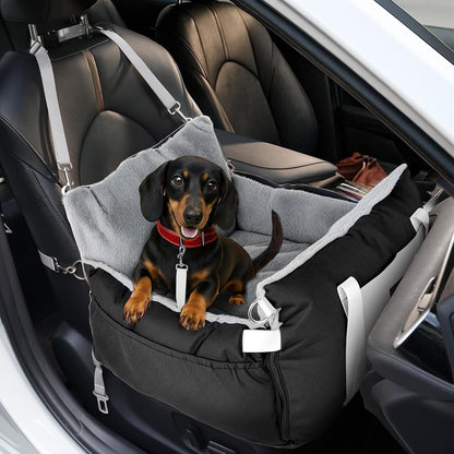 Dog Car Seat for Small Dogs with Extension Zone, Washable Car Travel Bed for Pets Up to 30Lbs, Trendy Booster Dog Seat Including Harness Clip - Black