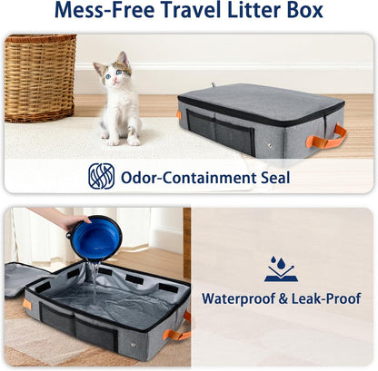 MORAIS Portable Travel Litter Box for Cats, 17.7"×13.5"×11" Collapsible Cat Litter Box with Lid, Leak-Proof Cat Litter Pan for Car Hotel Airplane, Waterproof & Easy to Carry- Gray