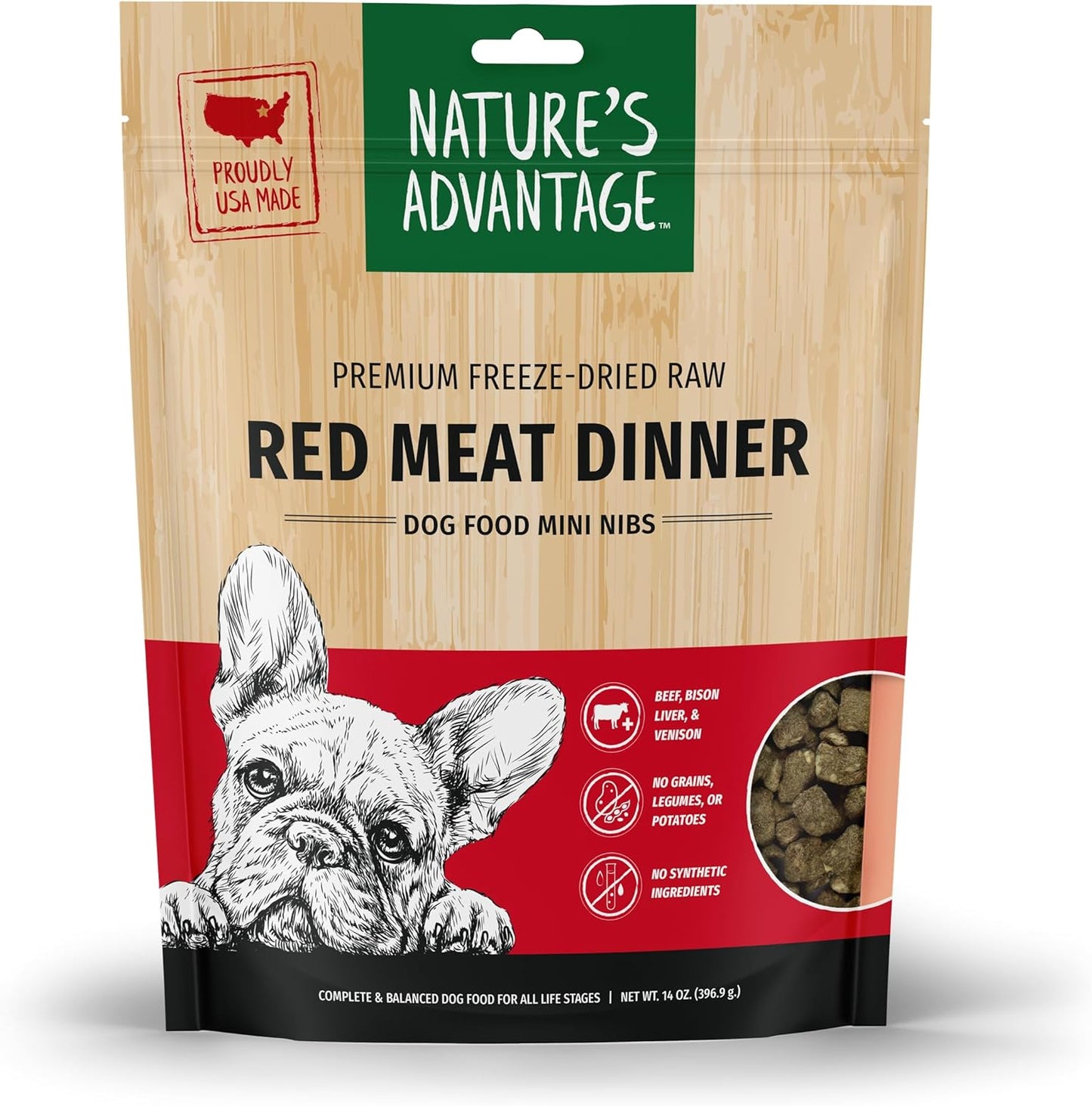 Nature's Advantage Freeze-Dried Raw Red Meat Dinner Dog Food Mini Nibs, 14 oz | Beef, Venison, Fruits, Veggies | Grain Free, High Protein Nutrition
