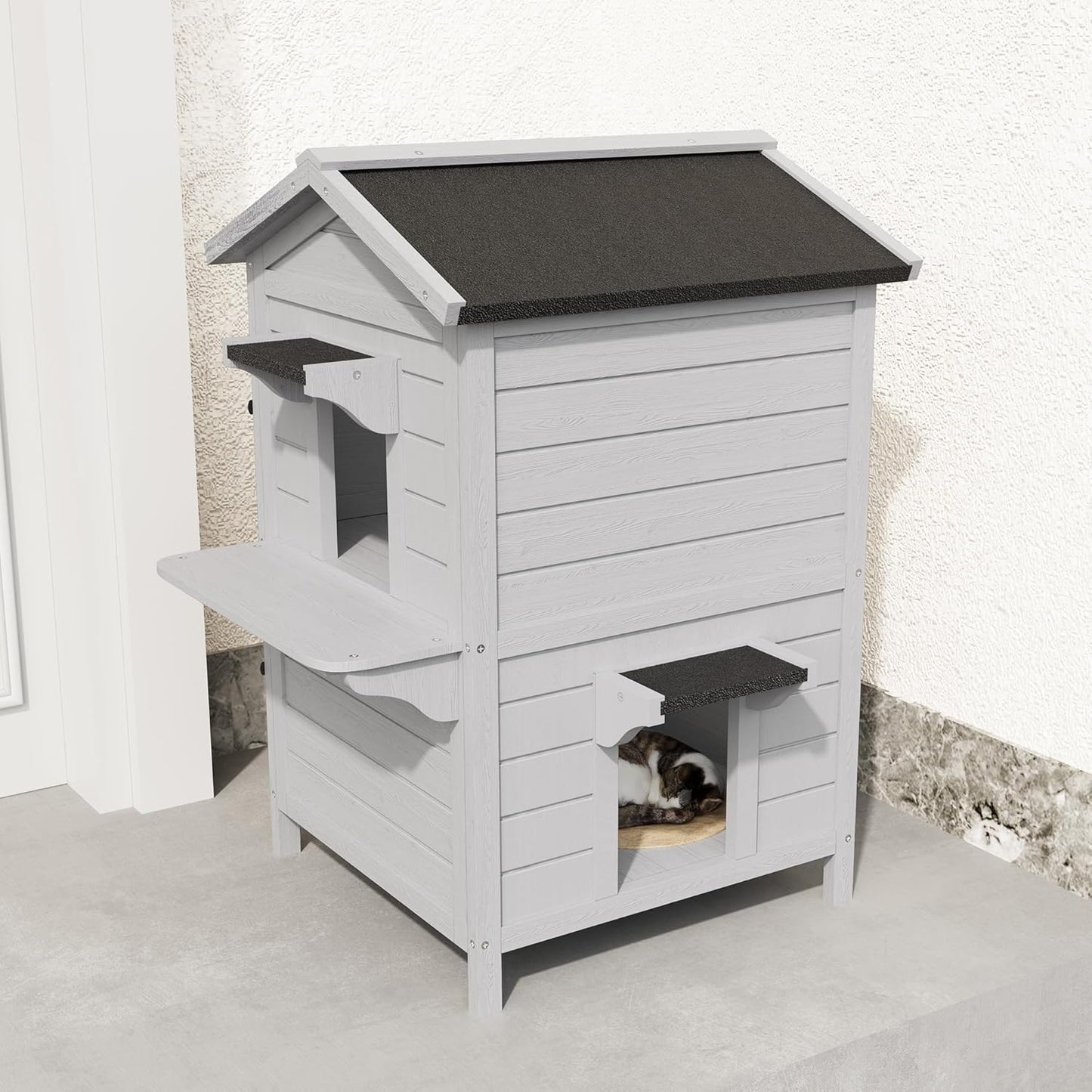 Outdoor Cat House Wooden Shelter: Large Weatherproof Pet Enclosure for Indoor or Feral Cats, 2-Tier Cat House for Outside Cats