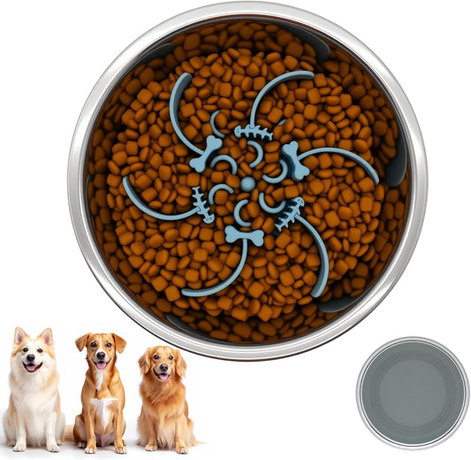 2 in 1 Slow Feeder Dog Bowl with Removeable Silicone Feeder Insert, Stainless Steel Pet Bowl, Non-Slip Rubber Base for Medium Large Giant Dog (7.6 Cups)