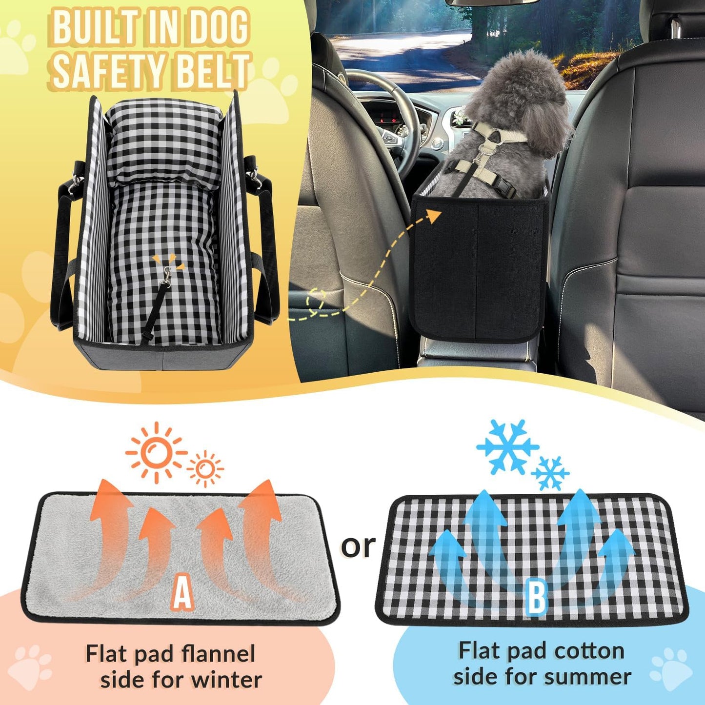 SlowTon Console Dog Car Seat - Portable Dogs Armrest Booster Seat for Small Dog, Anti-Collapse Pet Car Seat with Soft Cushion Safety Belt, Support Pet Up to 11lbs (Black)