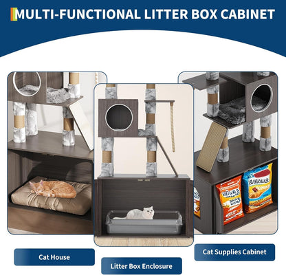66.9-Inch Cat Tree Tower with Litter Box Enclosure, Multi-Level Cat Furniture Featuring Hammock and Washable Cushions, Indoor Cat Tower for Play, Rest, and Privacy