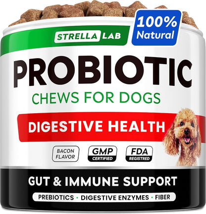StrellaLab Dog Probiotics Treats for Picky Eaters - Digestive Enzymes + Prebiotics - Chewable Fiber Supplement - Allergy, Diarrhea, Gas, Constipation, Upset Stomach Relief - Improve Digestion&Immunity